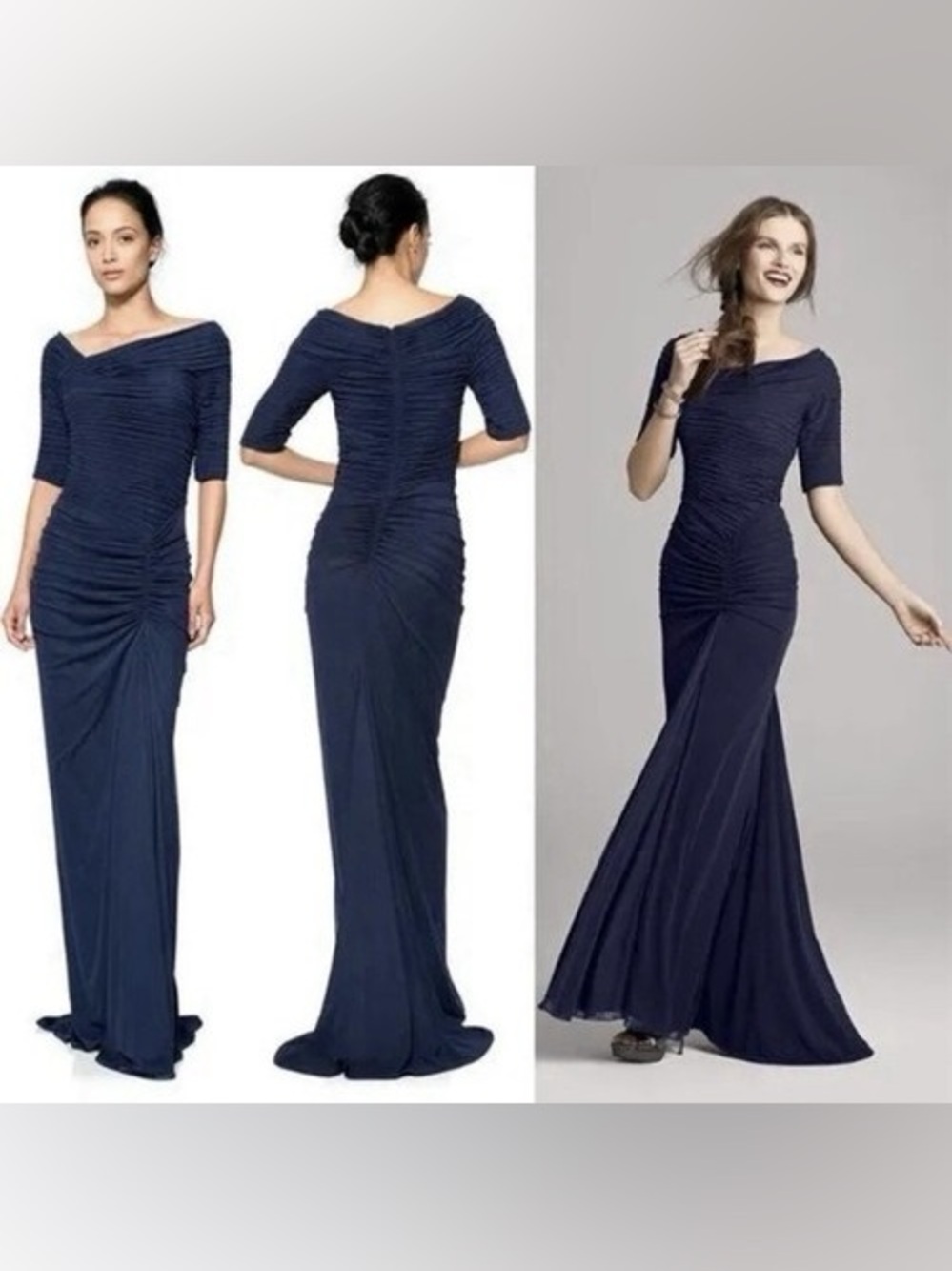 Tadashi Shoji Navy Ruched Off-Shoulder Maxi Gown